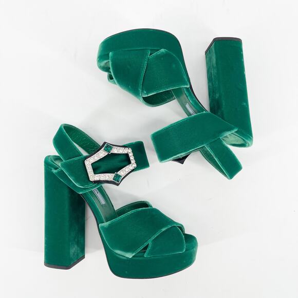 Prada Green Velvet Crystal Strappy Chunky Block Heel Platform Sandal size IT 36 - Picture 3 of 11